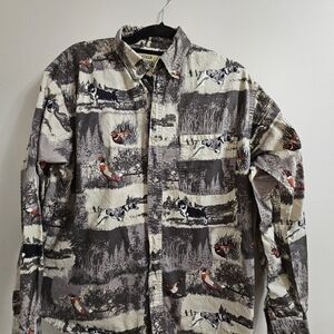 Vintage Field Tested Outdoor Life Shirt Medium Pheasant Hunting Dog Print Loden